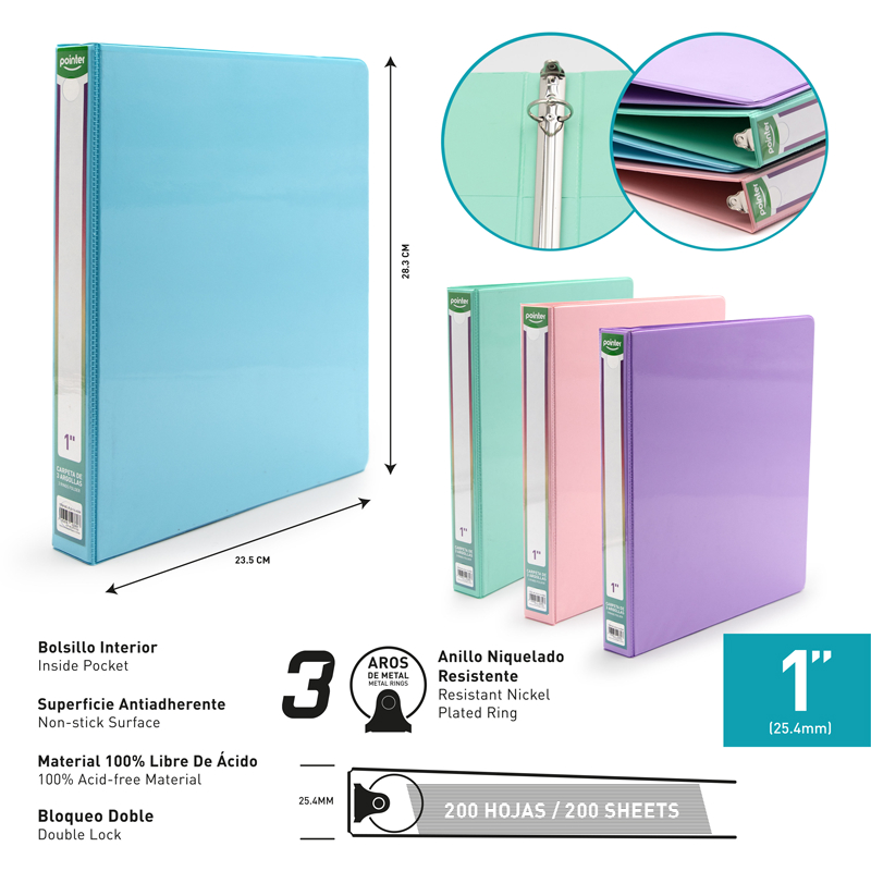 CARPETA 3 AROS 1" (COLORES PASTEL)