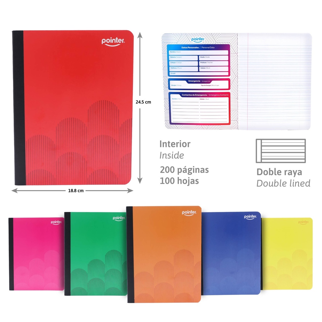 CUADERNO COSIDO DOBLE LINEA 200 PAGINAS (COLOR)