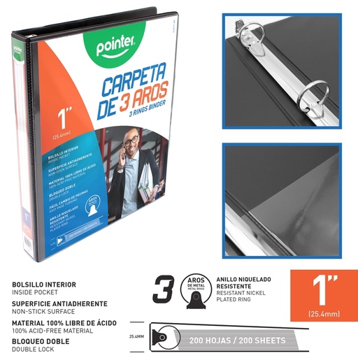 [FLJG-P-1-BK] CARPETA 3 AROS 1" - NEGRA