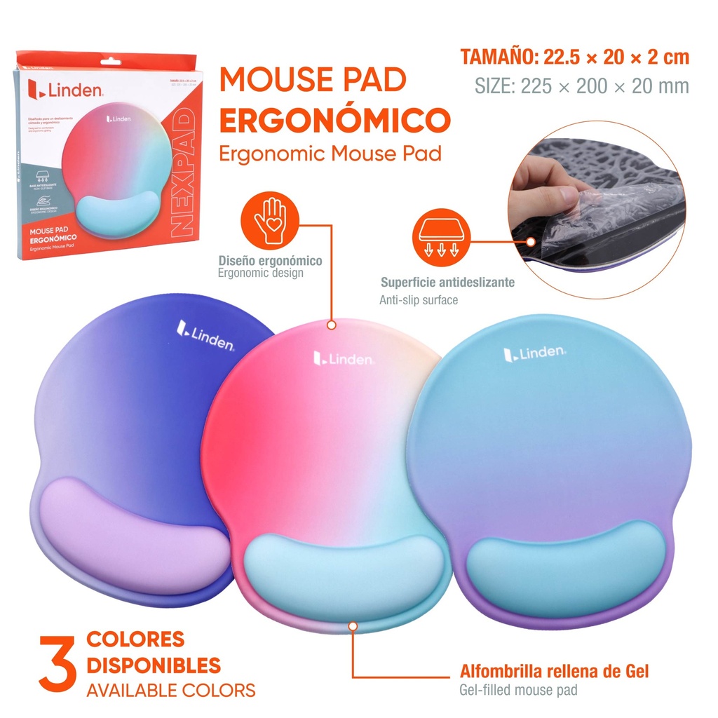 MOUSE PAD ERGONOMICO GEL COLORES 22.5X20CM
