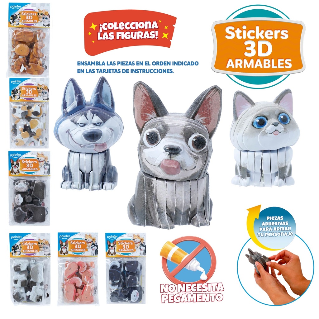 STICKERS 3D ARMABLES FIGURAS PERROS Y GATOS