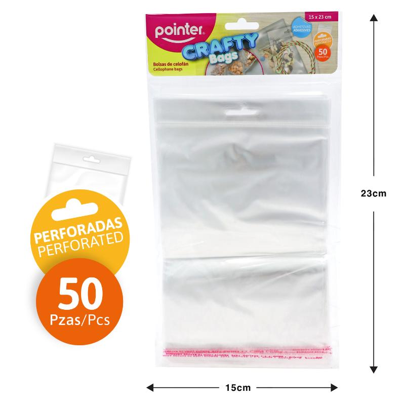 BOLSAS DE CELOFAN ADHESIVAS PERFORADAS x50PZAS - 15 x 23CM