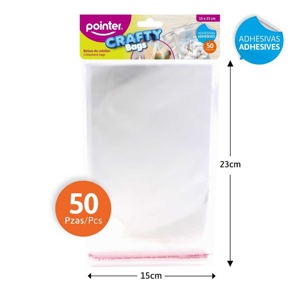 BOLSAS DE CELOFAN ADHESIVAS x50PZAS - 15 x 23CM