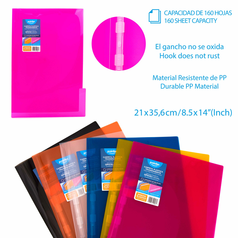 CARPETA PLASTICA TRANSPARENTE CON GANCHO - OFICIO/LEGAL 21x35,6Cm