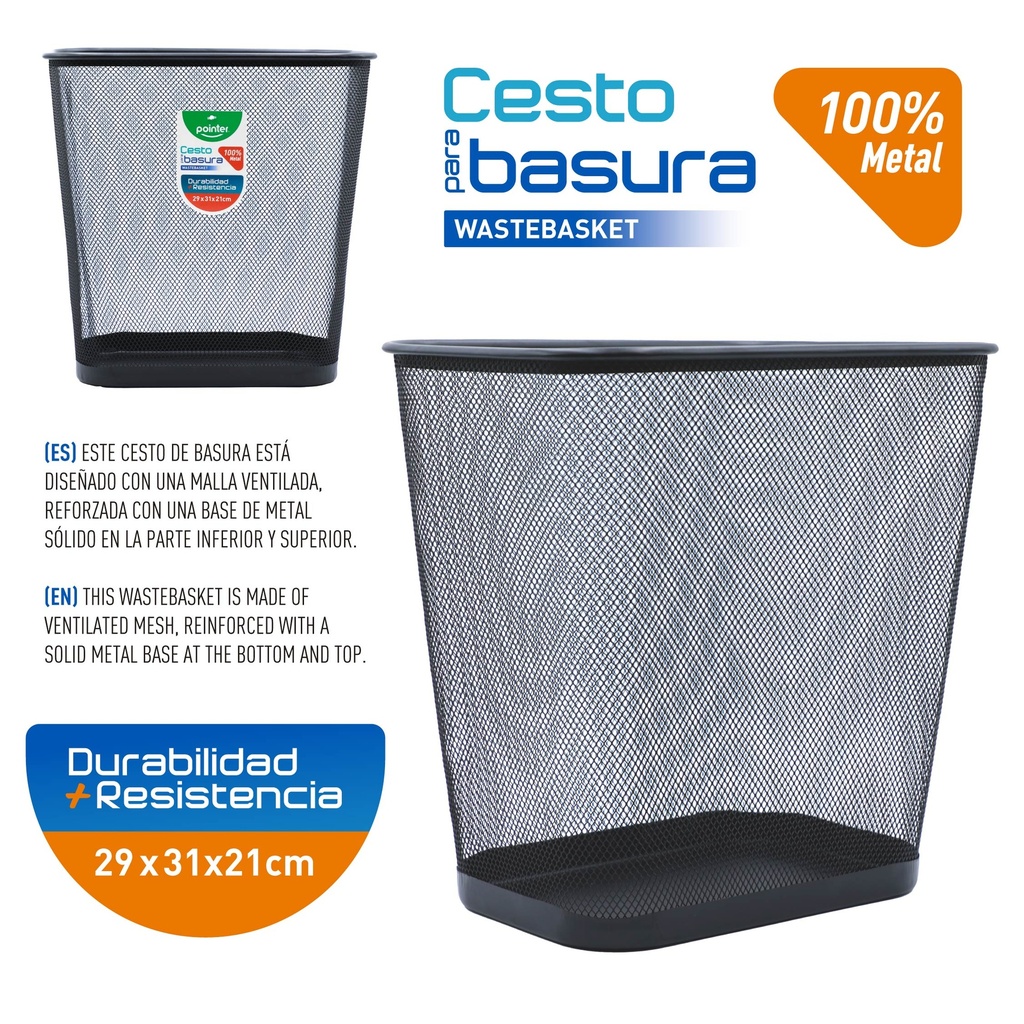 CESTO METALICO RECTANGULAR PARA BASURA (NEGRO) 30x30Cm