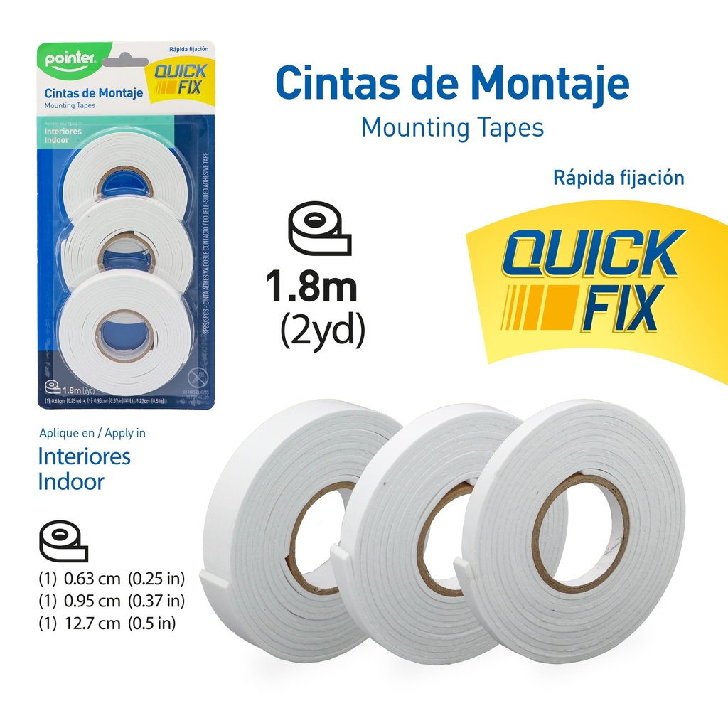 CINTA ADHESIVA DOBLE FAZ 1.8M x3UNDS - 1x6.3MM, 1x9.5MM, 1x127MM
