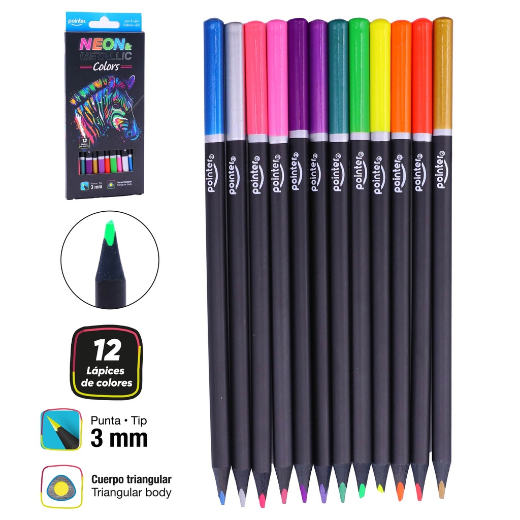 LAPICES DE COLORES x12PZS - 6 NEON Y 6 METALIZADOS