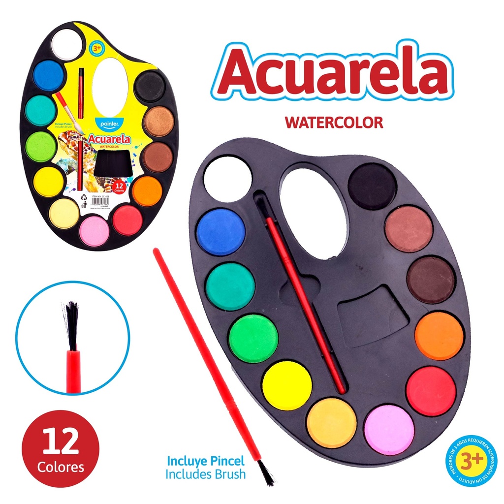 PALETA DE ACUARELA MEDIANA x12 COLORES CON PINCEL