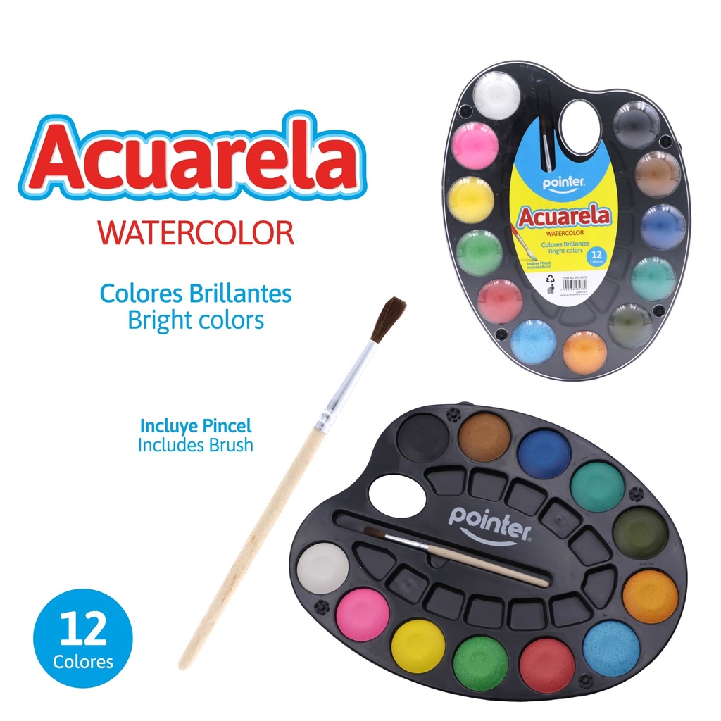 PALETA DE ACUARELA GRANDE x12 COLORES CON PINCEL