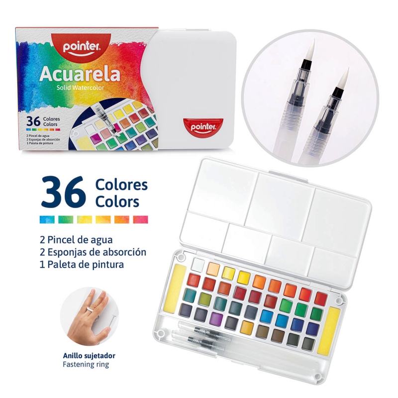 SET DE ACUARELA PROFESIONAL x36 COLORES CON PINCELES, ESPONJAS Y BANDEJA PARA MEZCLAR