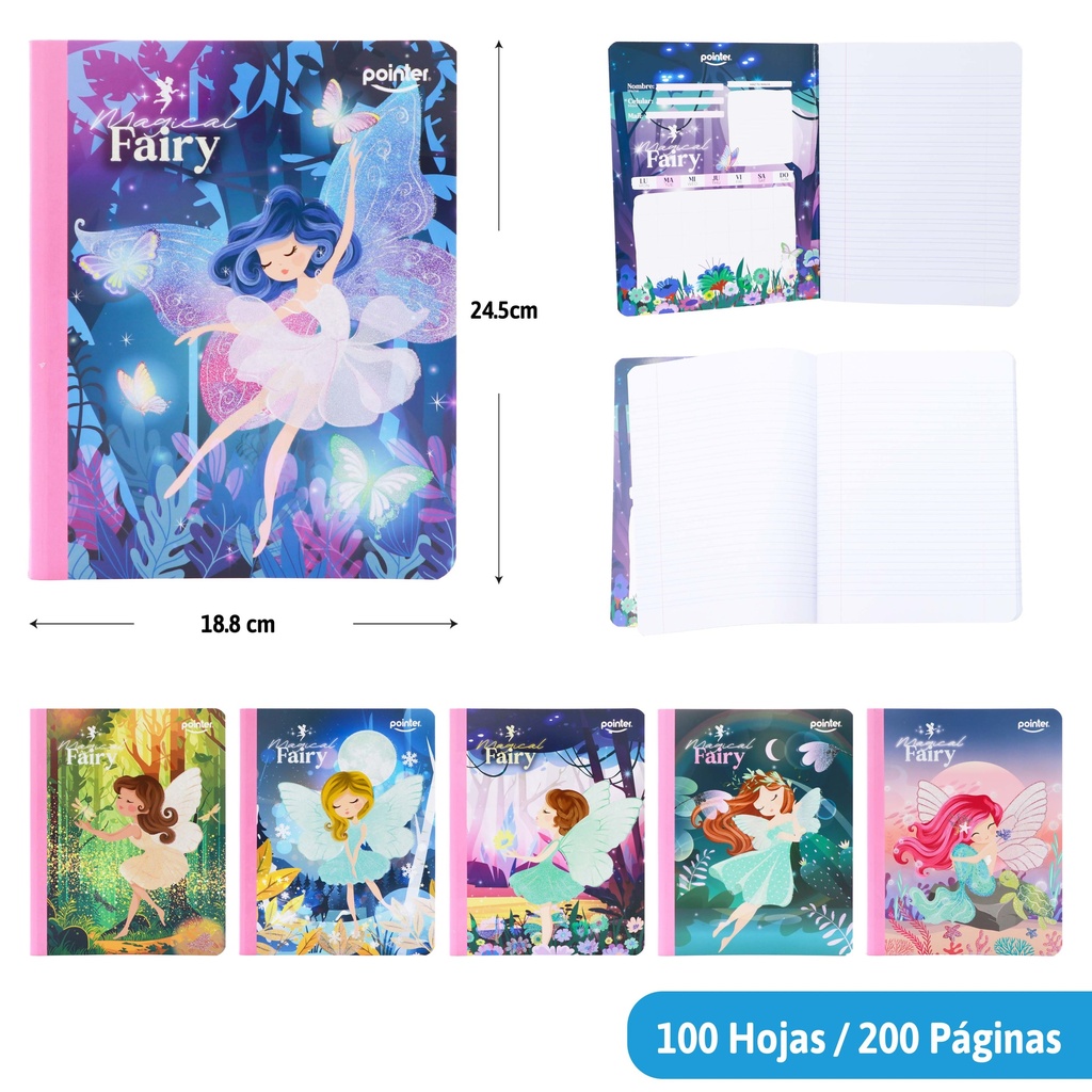 CUADERNO COSIDO DOBLE LINEA 200 PAGINAS (HADAS) GLITTER