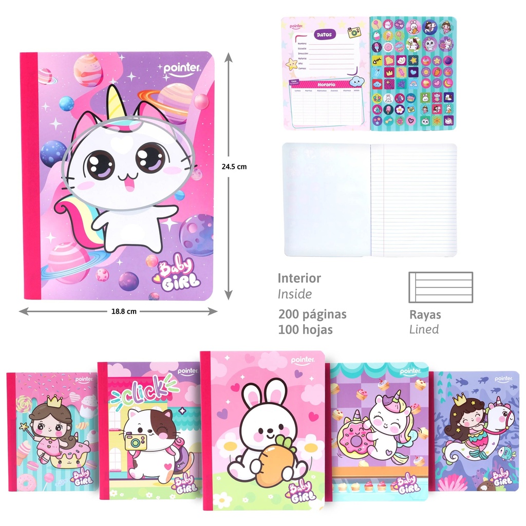 CUADERNO COSIDO A4 RAYA ANCHA x100 HOJAS (STICKERS)