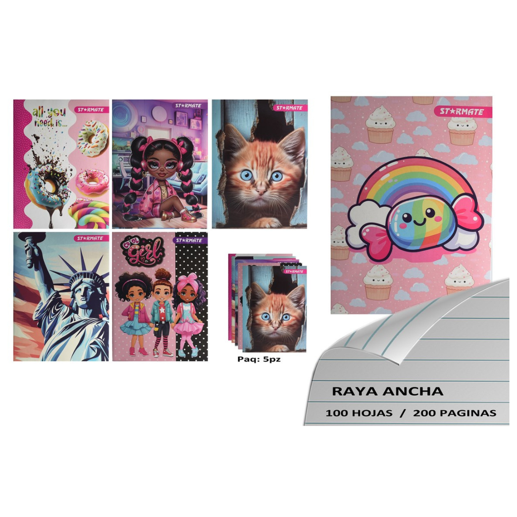 CUADERNO GRAPADO 14.2X20.4CMS 5PCS, R.ANCHA 100PAG. DISEÑO NIÑA