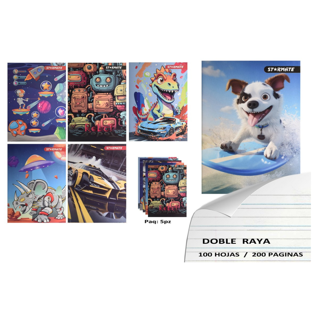 CUADERNO GRAPADO 14.2X20.4CMS,5PCS ,DOBLE RAYA 100PAG.,DISEÑO/ NIÑOS