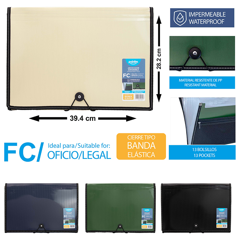 ARCHIVADOR EXPANDIBLE OFICIO 13 BOLSILLOS - 21,6x35,6CM 