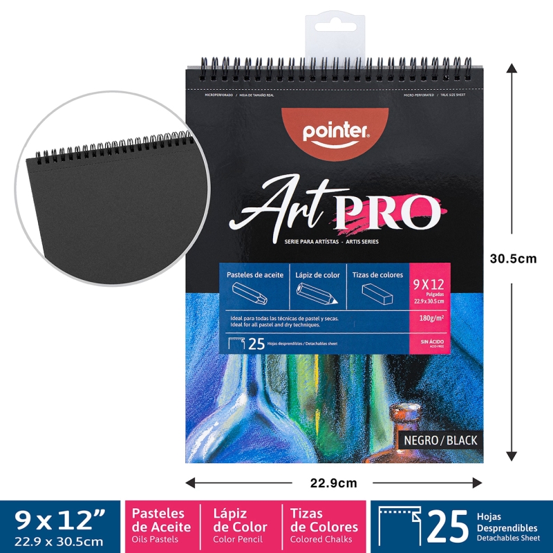 BLOCK ART PRO NEGRO 9x12" x25 HOJAS - PARA PASTELES DE ACEITE, LAPIZ Y TIZAS DE COLORES 