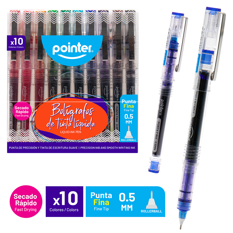 BOLIGRAFOS DE TINTA LIQUIDA 0.5MM x10 COLORES 