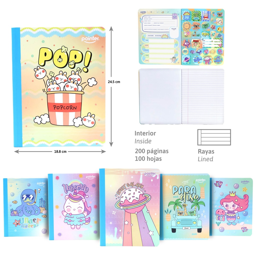 CUADERNO COSIDO A4 RAYA ANCHA x100 HOJAS (STICKERS)