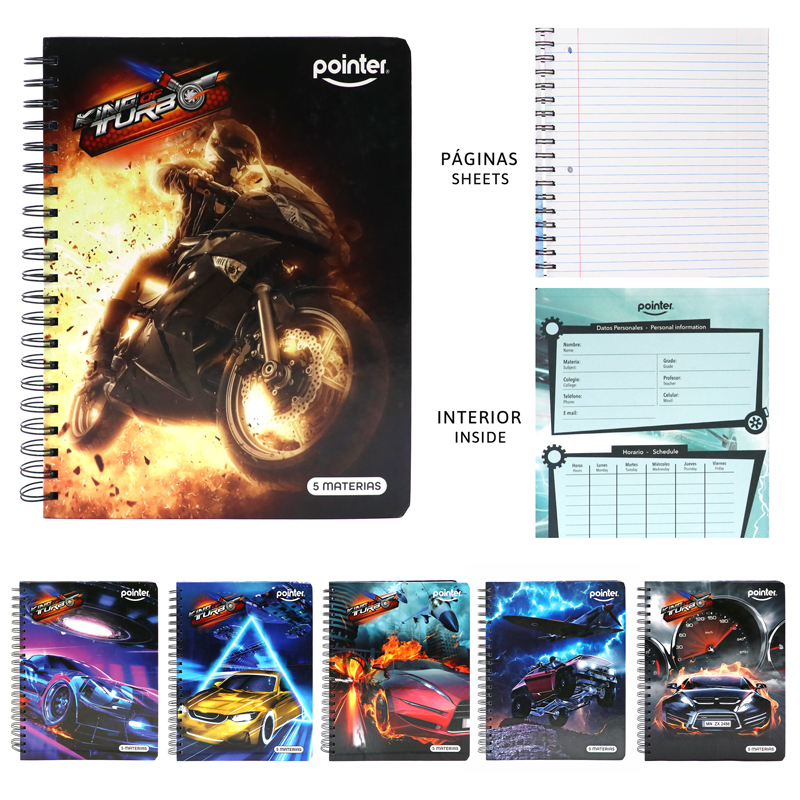 LIBRETA ESPIRAL 5 MATERIAS x165 HOJAS (CARROS)