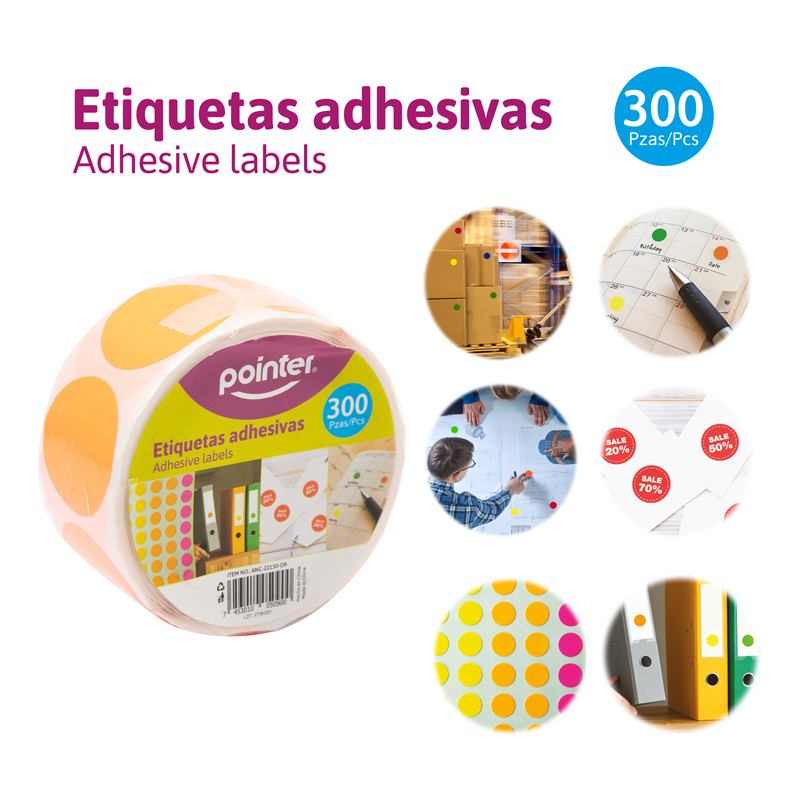 ETIQUETAS ADHESIVAS NARANJA x 300 PZAS.