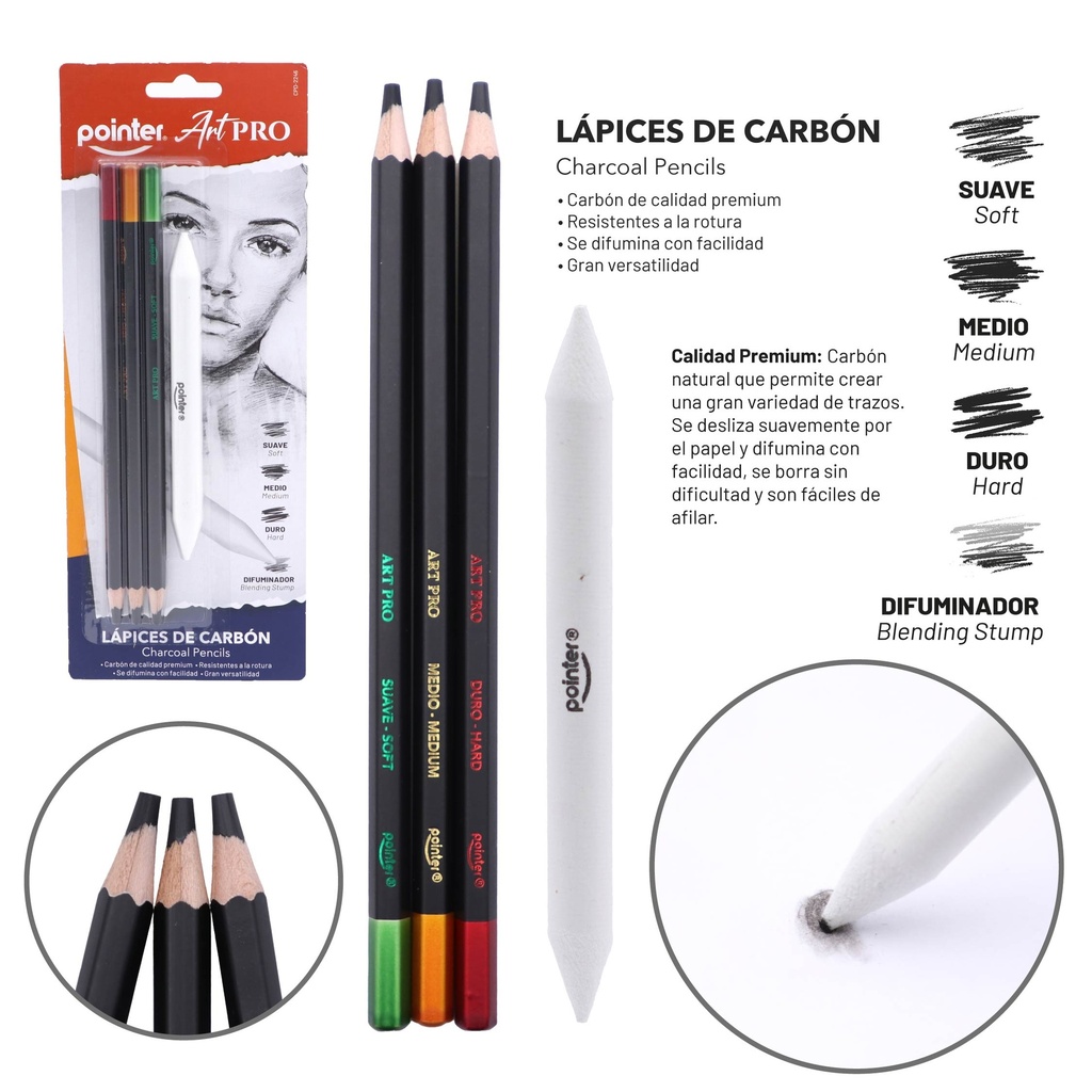 LAPICES CARBONCILLO CON DIFUMINADOR