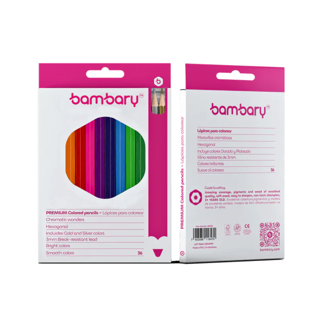 LAPICES DE COLORES HEXAGONALES x36UND + DORADO Y PLATEADO