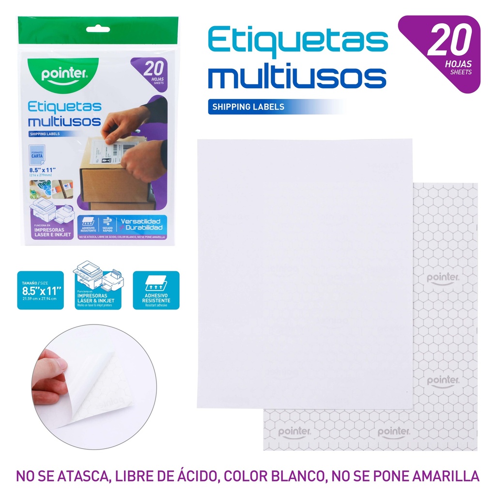 ETIQUETAS MULTIUSOS x20PZAS - CARTA (21.5 x 27.9CM)