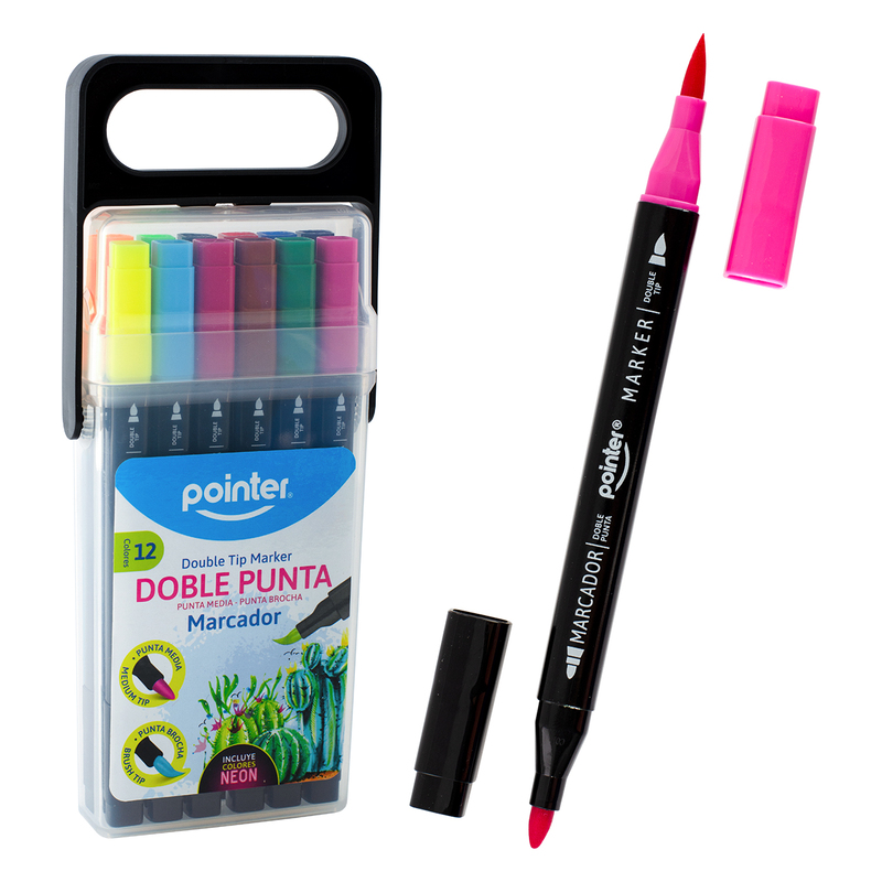 SET DE MARCADORES DOBLE PUNTA x12 COLORES (PUNTA MEDIA Y TIPO PINCEL)