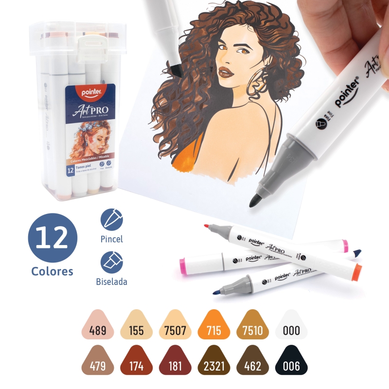 SET DE MARCADORES MEZCLABLES ART PRO DOBLE PUNTA x12 TONOS PIEL