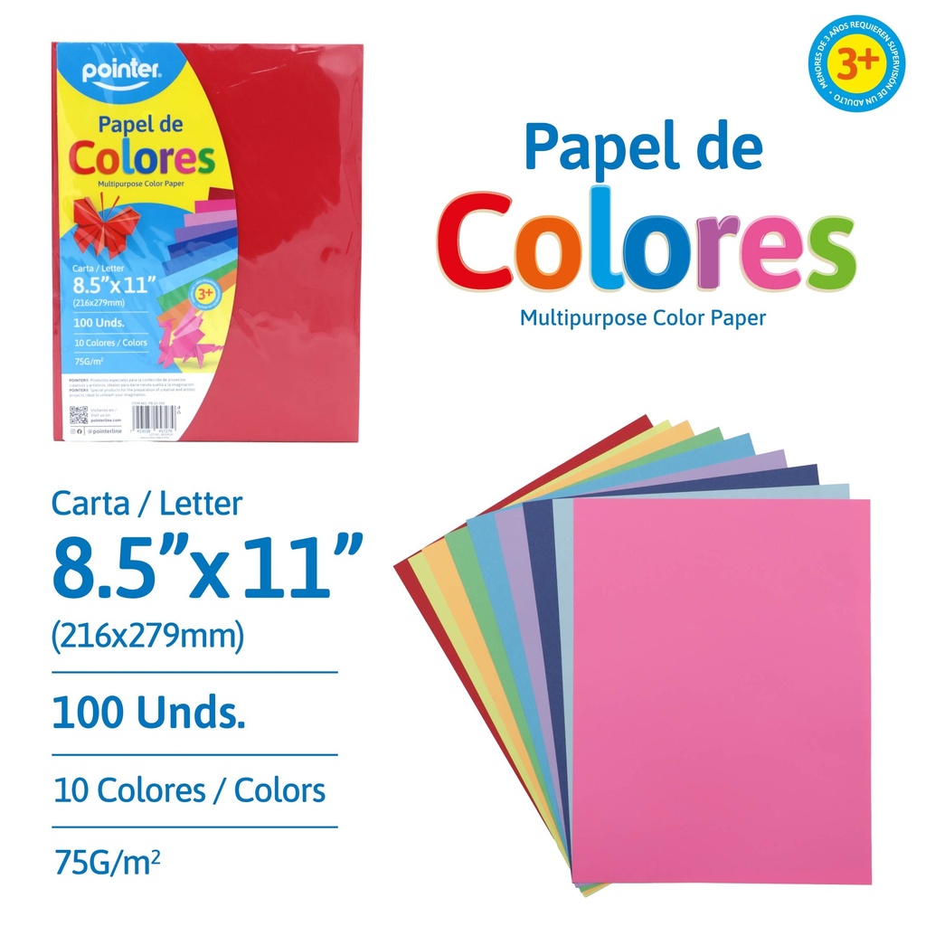PAPEL DE COLORES SURTIDOS x100UND - CARTA (21.6 x 27.9CM)