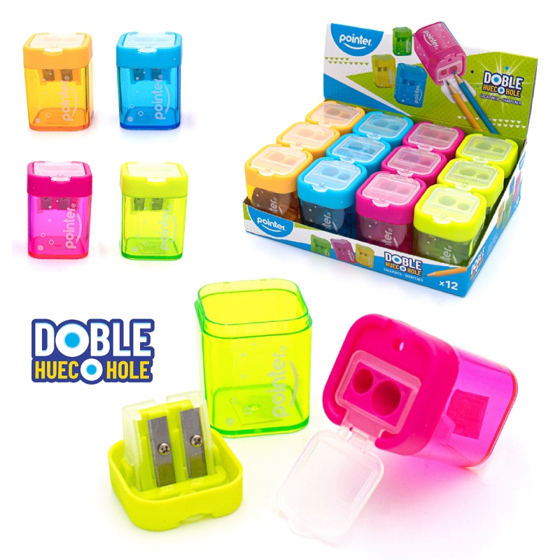 SACAPUNTAS DOBLE CON DEPOSITO, 4 COLORES 