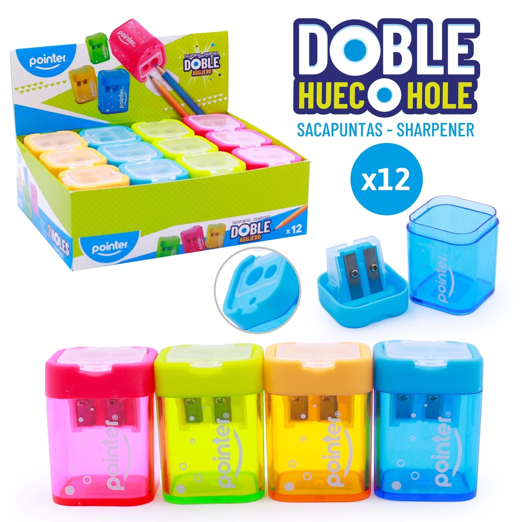 SACAPUNTAS DOBLE CON DEPOSITO, 4 COLORES 