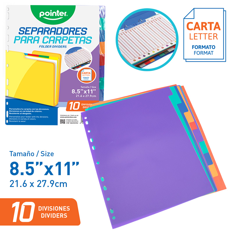 SEPARADORES PLASTICOS PARA CARPETA - CARTA 21,6x27,9 (10 DIVISIONES)
