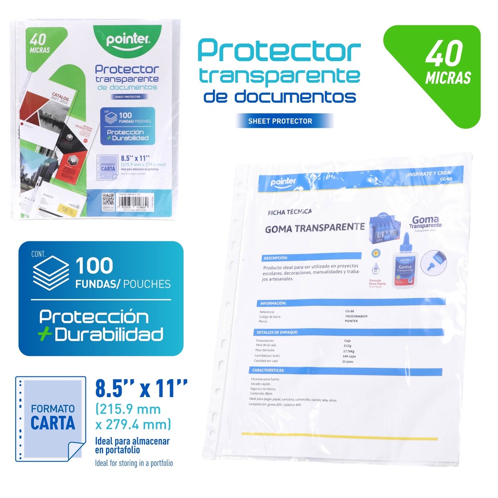 FUNDA PROTECTORA TRANPARENTE 40 MICRAS - TAMAÑO CARTA 21,5x27,9Cm