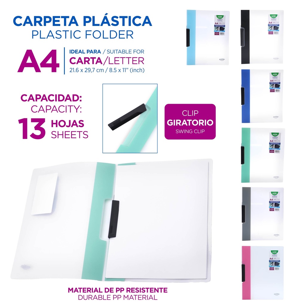 CARPETA PLASTICA TRANSPARENTE CON CLIP GIRATORIO - A4/CARTA 21x29,7Cm