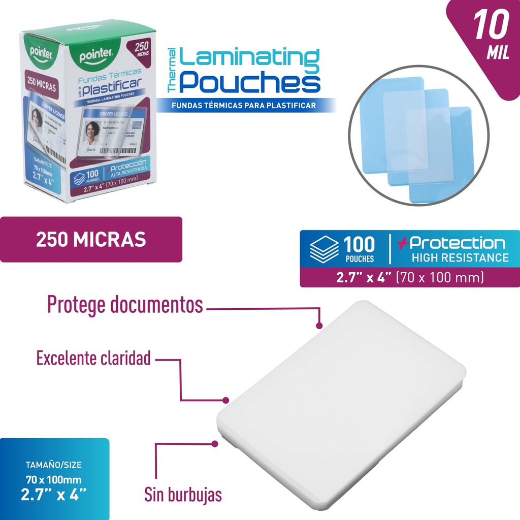 LAMINAS PARA PLASTIFICAR 7x10 cm 250 MICRAS