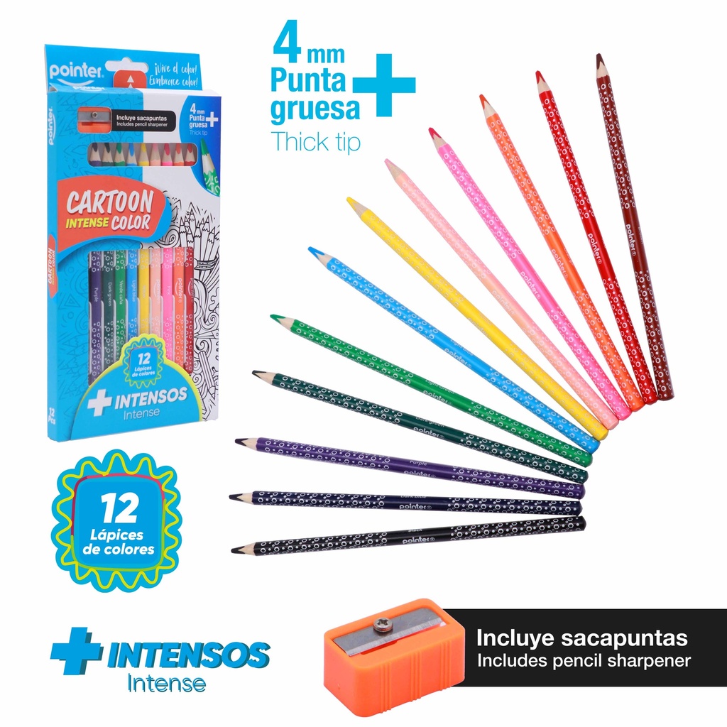 LAPICES DE COLORES +INTENSE 4mm x12PZS - CUERPO TRIANGULAR Y SACAPUNTAS