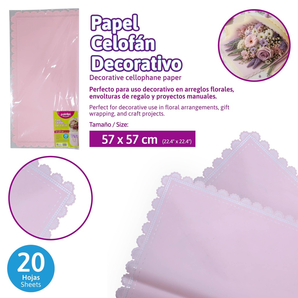PAPEL CELOFAN DECORATIVO ROSADO 57x57 cm