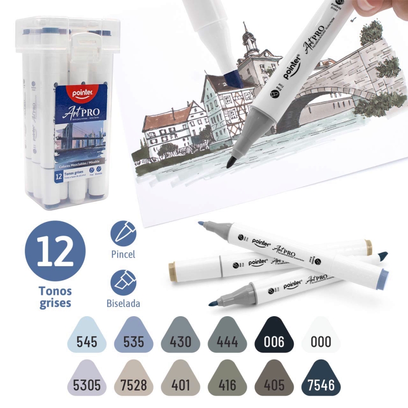 SET DE MARCADORES MEZCLABLES ART PRO DOBLE PUNTA x12 TONOS GRISES