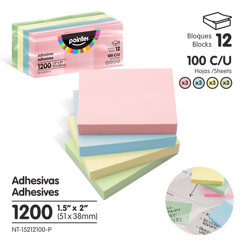 NOTAS ADHESIVAS PASTEL - 1.5x2" x12 BLOQUES