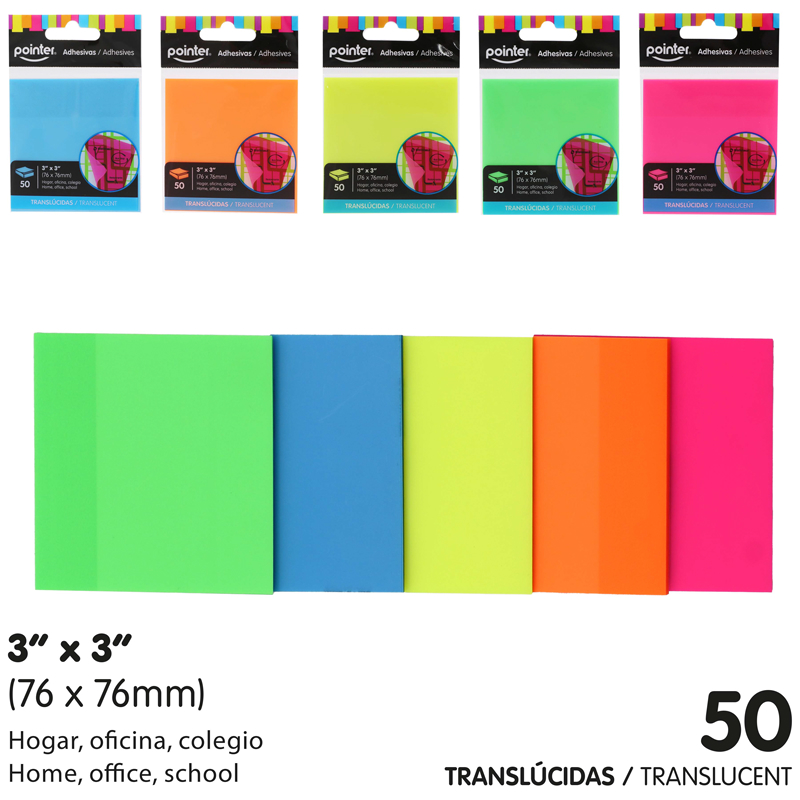NOTAS ADHESIVAS TRANSLUCIDAS NEON - 76 x 76MM x50 HOJAS