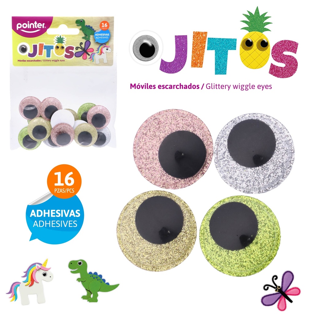 OJITOS MOVILES ESCARCHADOS PARA MANUALIDADES 16 PIEZAS 2.4 cm