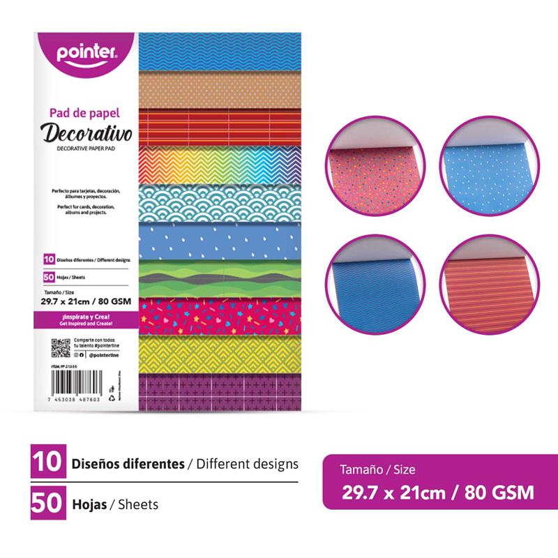 PAD DE PAPEL DECORATIVO CARTA (21 x 29.7CM) 50 HOJAS x 10 DISEÑOS DIFERENTES