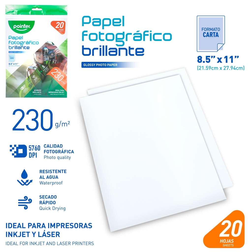 PAPEL FOTOGRAFICO BRILLANTE 230G - CARTA (21.6 x 27.9CM) UNIDAD