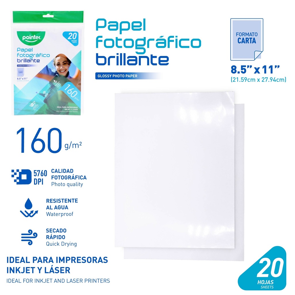 PAPEL FOTOGRAFICO BRILLANTE 160G - CARTA (21.6 x 27.9CM) UNIDAD
