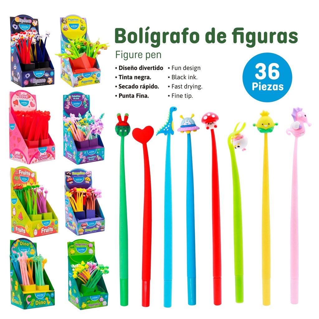 BOLIGRAFO DE GEL NEGRO- FORMAS (CORAZON, FRUTAS, DINISAURIO Y ASTRONAUTA) UNIDAD