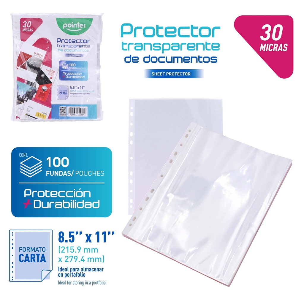 FUNDAS PROTECTORAS TRANSPARENTES 30 MICRAS - 100 HOJAS 21,6x27,9Cm