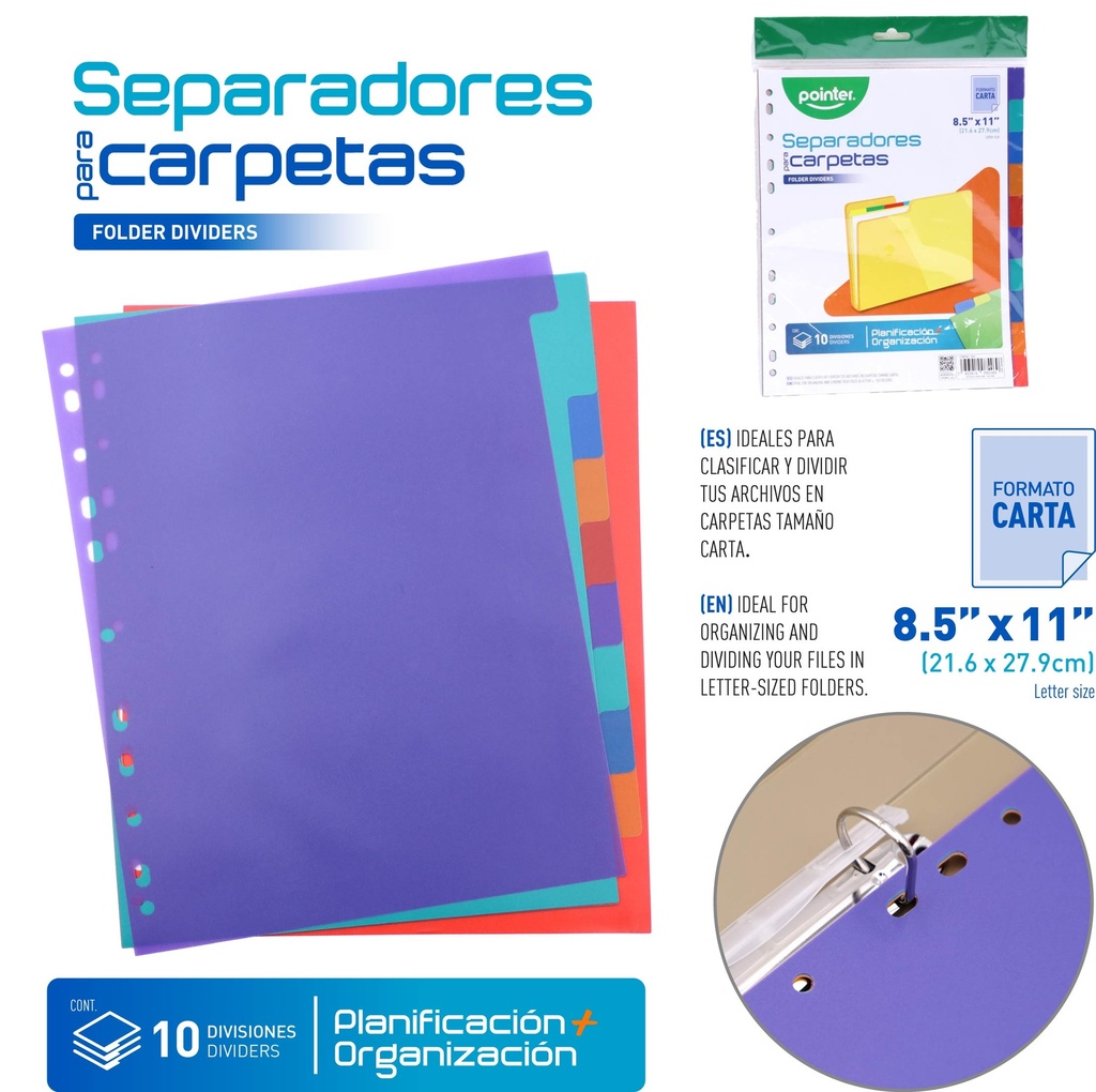 SEPARADORES PLASTICOS PARA CARPETA - CARTA 21,6x27,9 (10 DIVISIONES)