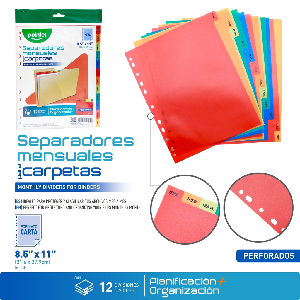 SEPARADORES PLASTICOS MENSUALES PARA CARPETAS - CARTA 21,6x27,9Cm (12 DIVISIONES)