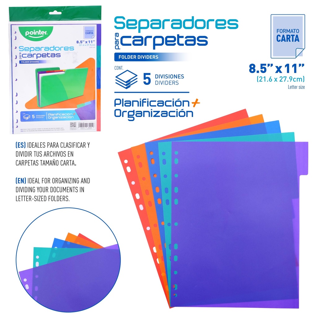 SEPARADORES PLASTICOS PARA CARPETA - CARTA 21,6x27x9Cm (5 DIVISIONES)